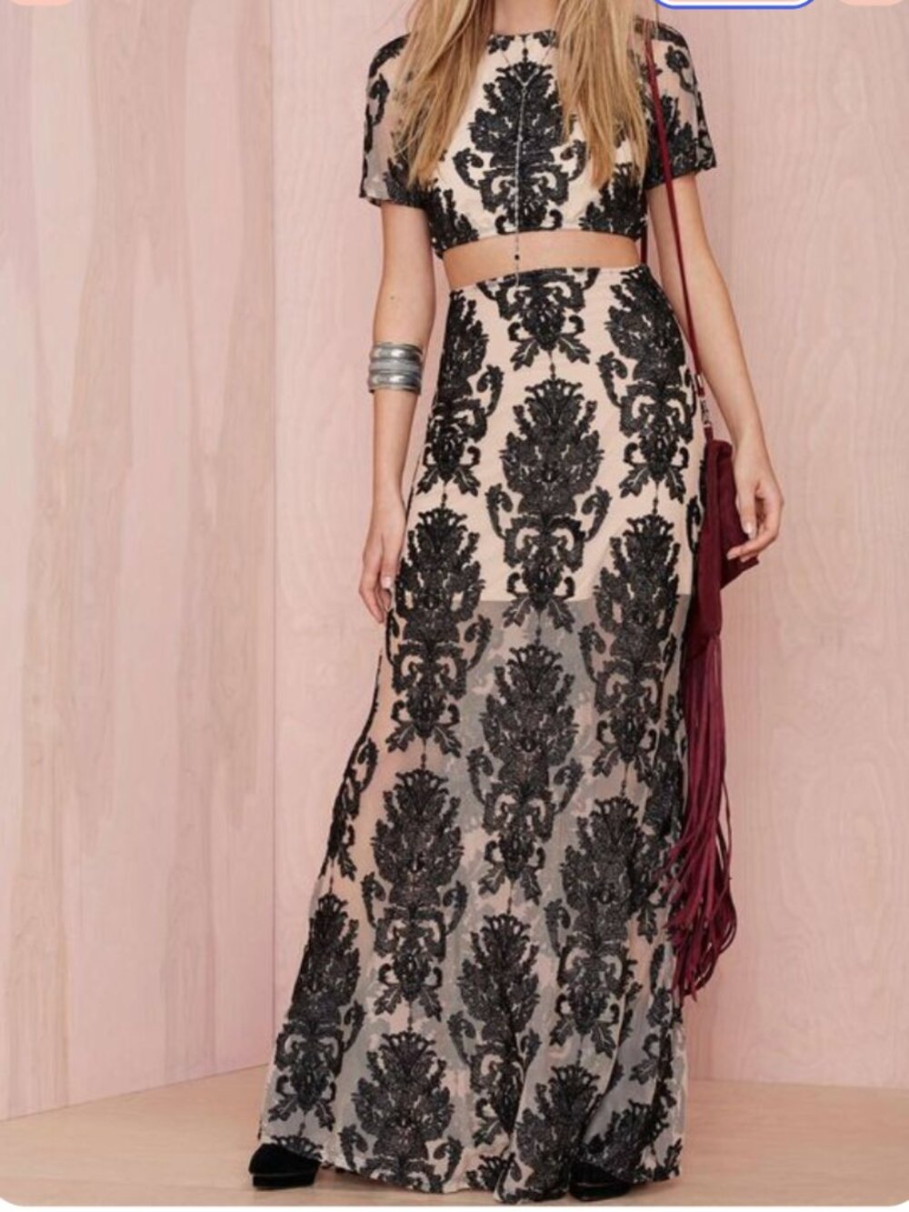 For Love & Lemons Black Embroidered Nude Crop Top Maxi Skirt Set L  Stunning For